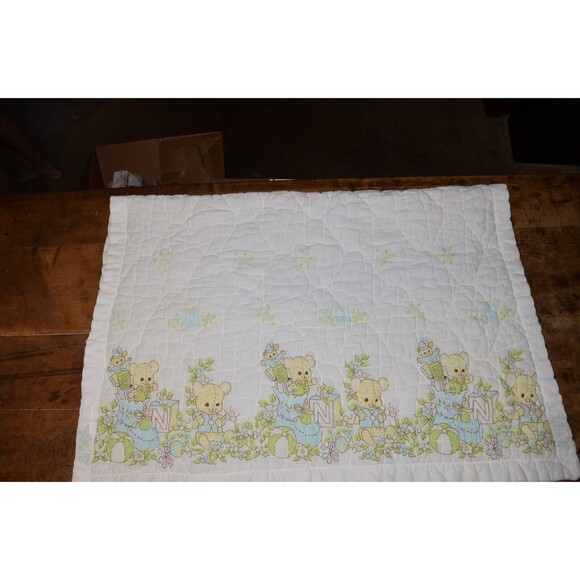 Vtg Baby Blanket Crib Quilted  42x32 Teddy Bears Satin trim Blocks beach balls - Picture 7 of 11